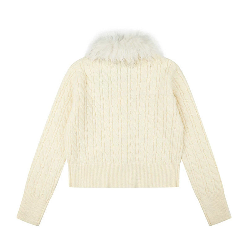 Women's Short Cable Knit Cardigan with Removable Faux Fur Collar and Toggle Button Closure Chichicherry