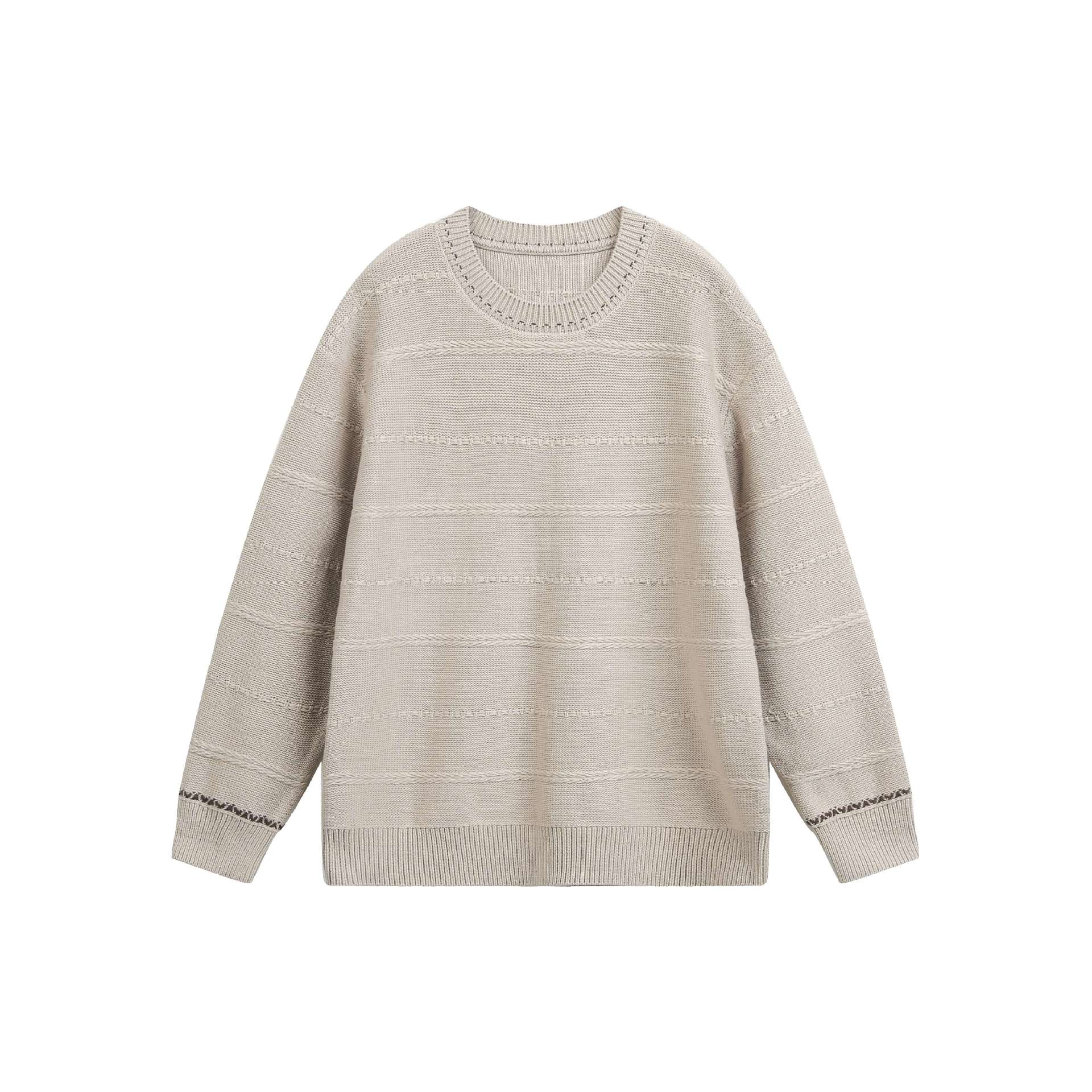 Women's Oversized Knitted Sweater with Textured Stripes and Round Neck Chichicherry