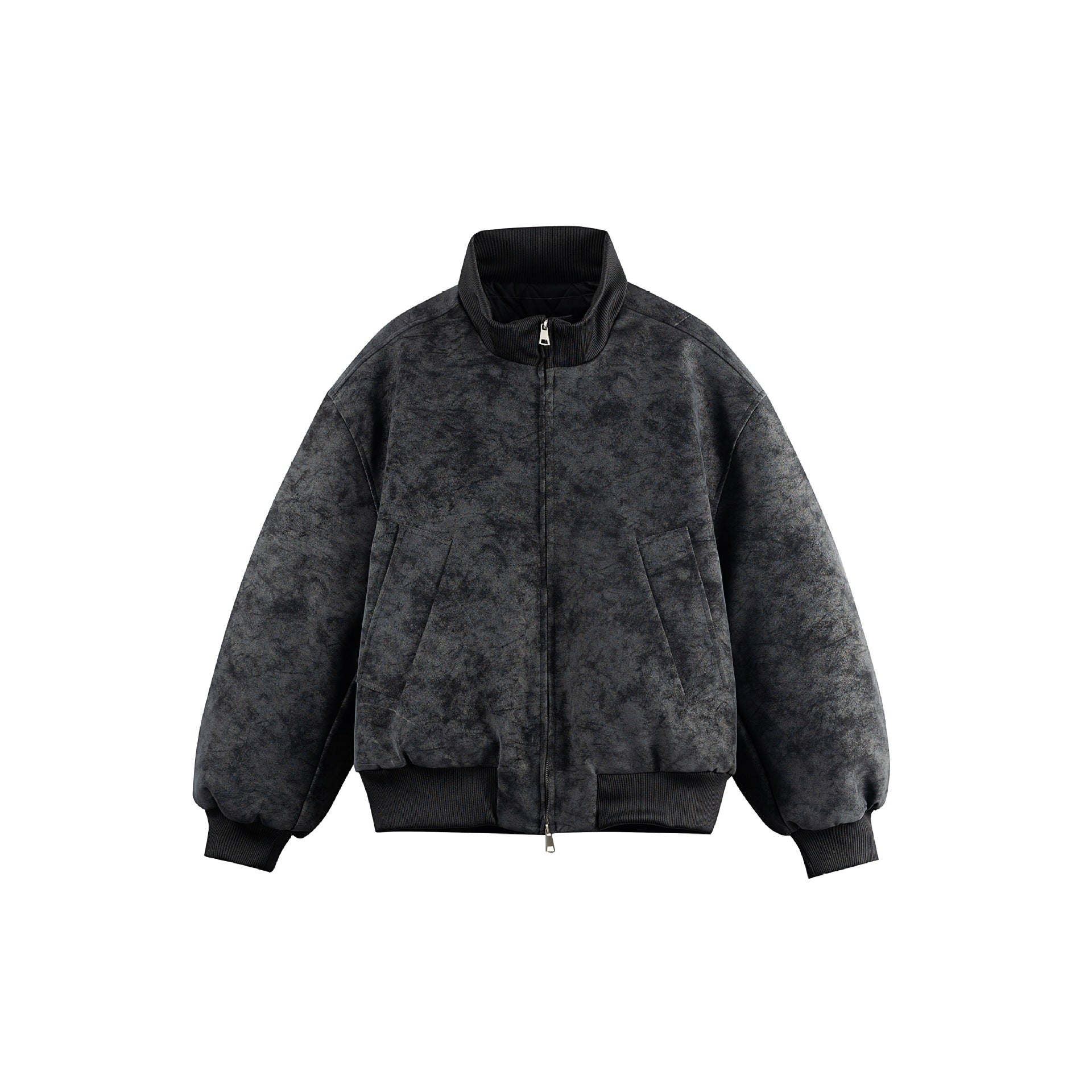 Women's Boxy Bomber Jacket in Vintage Suede Look with High Ribbed Collar and Kangaroo Pockets Chichicherry