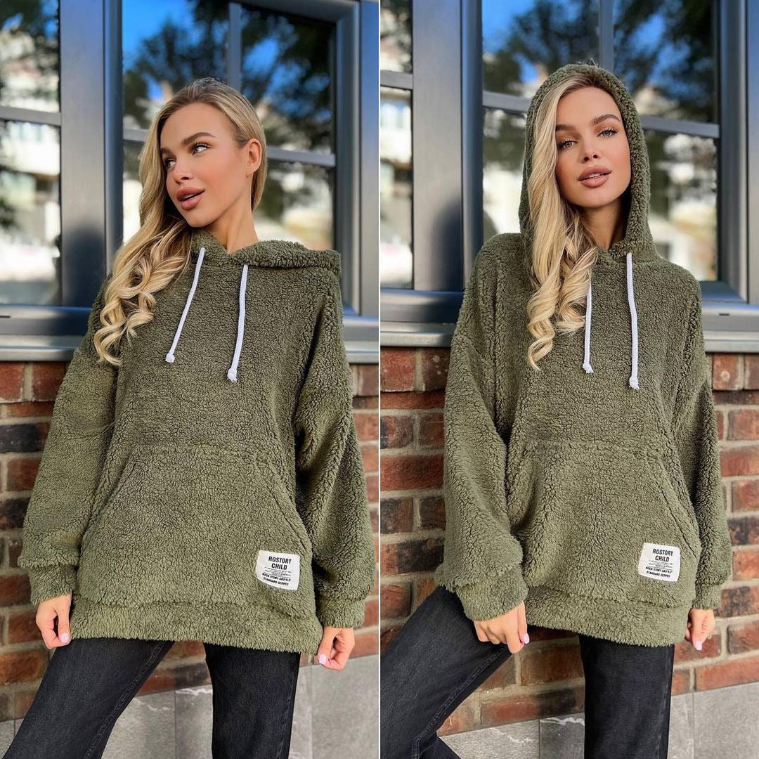 Damen Kuscheliger Teddy-Hoodie mit Kapuze, Kängurutasche und Oversize-Schnitt Chichicherry