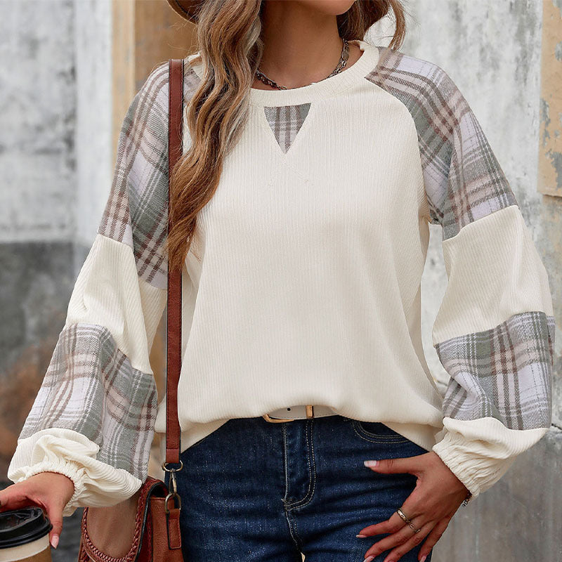 Women Oversize Long Sleeve with Checked Chiffon Raglan Sleeves and Gathered Cuffs Chichicherry