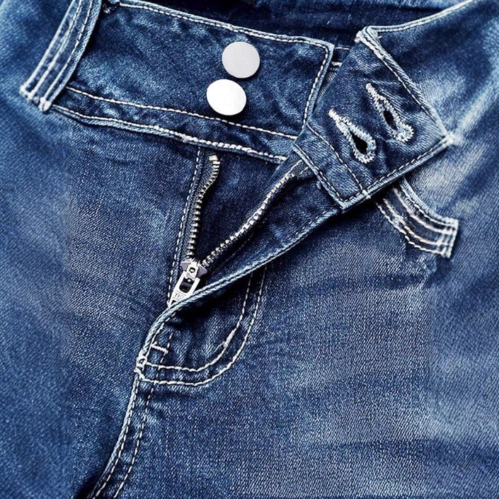 Women's high-waisted bootcut jeans with shaping waistband and visible button placket Chichicherry