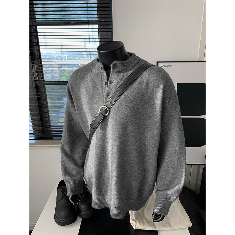 Men's Oversized Knit Sweater with Henley Collar and Half Button Placket Chichicherry