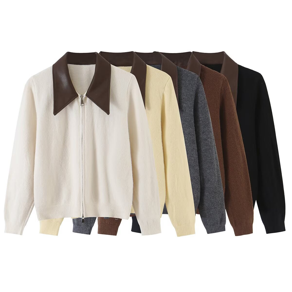 Women Short Wool Blend Cardigan with Zipper and Contrasting Faux Leather Collar Chichicherry