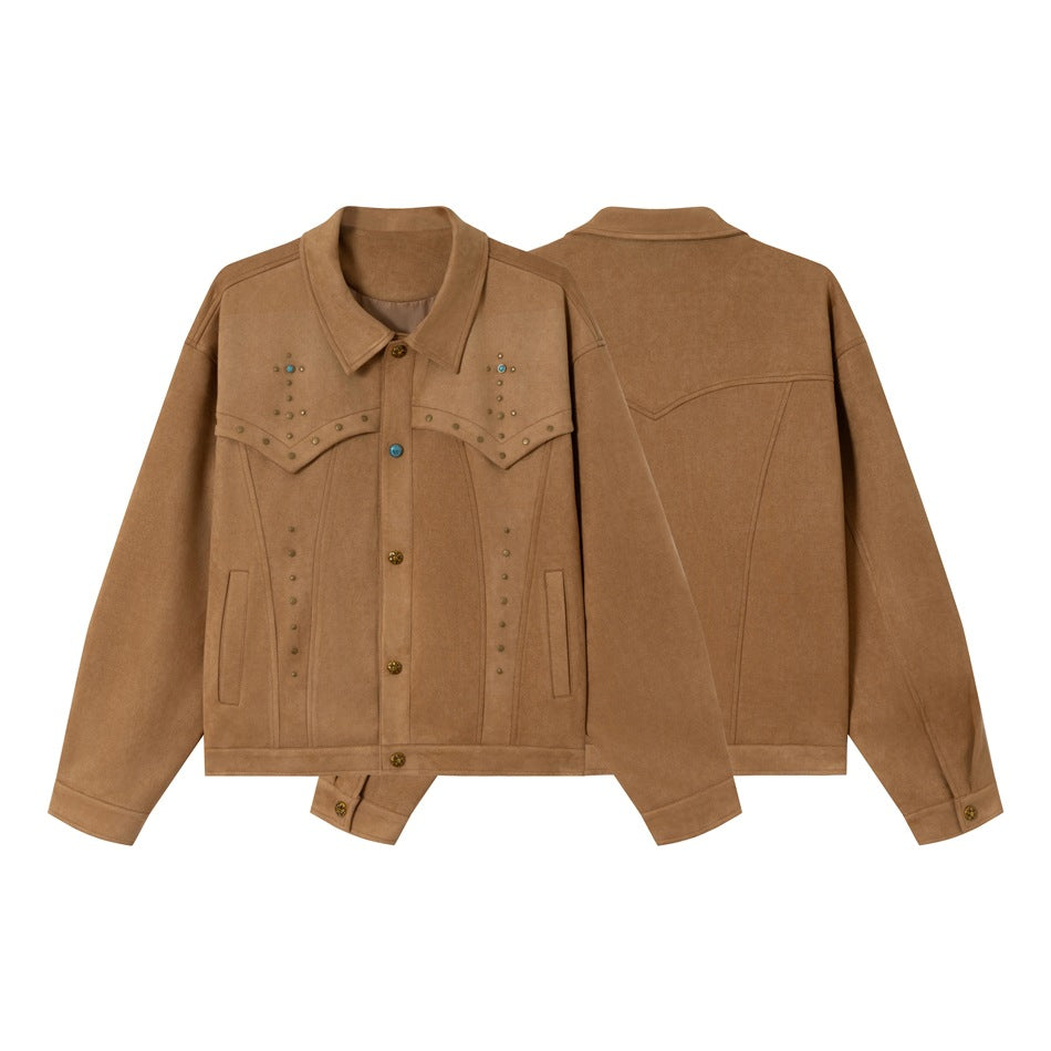 Women's Short Cut Suede-Look Blouson Jacket with Western Yoke and Stud Application Chichicherry