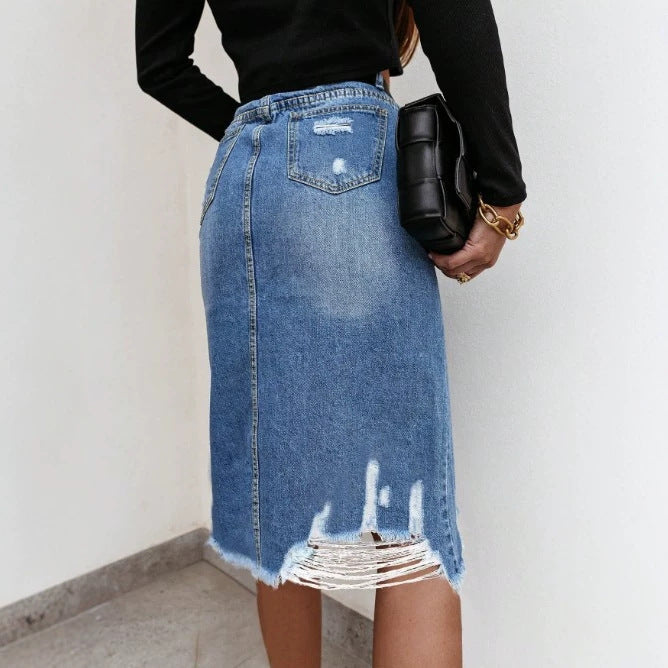 Women's High-Waisted Destroyed Denim Midi Skirt with Center Front Slit and Frayed Hem Chichicherry