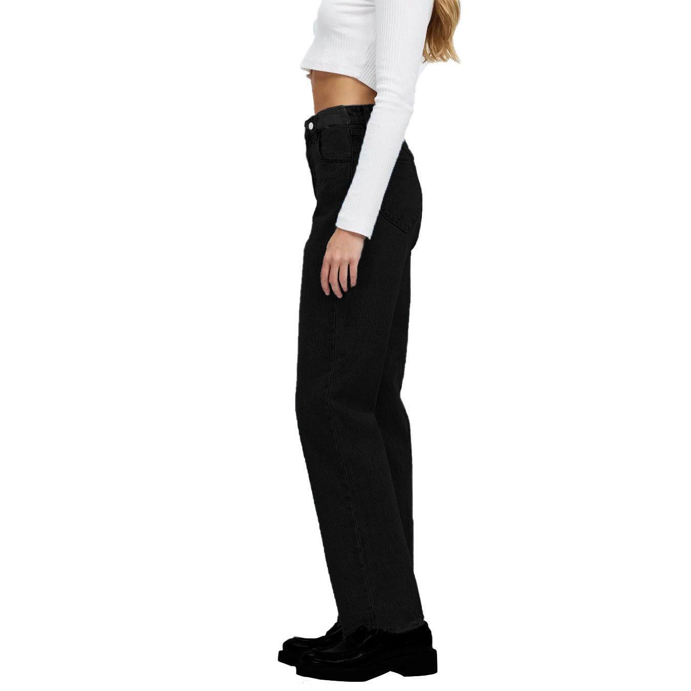Women high-waisted straight-cut jeans made of rigid denim with raw hem Chichicherry