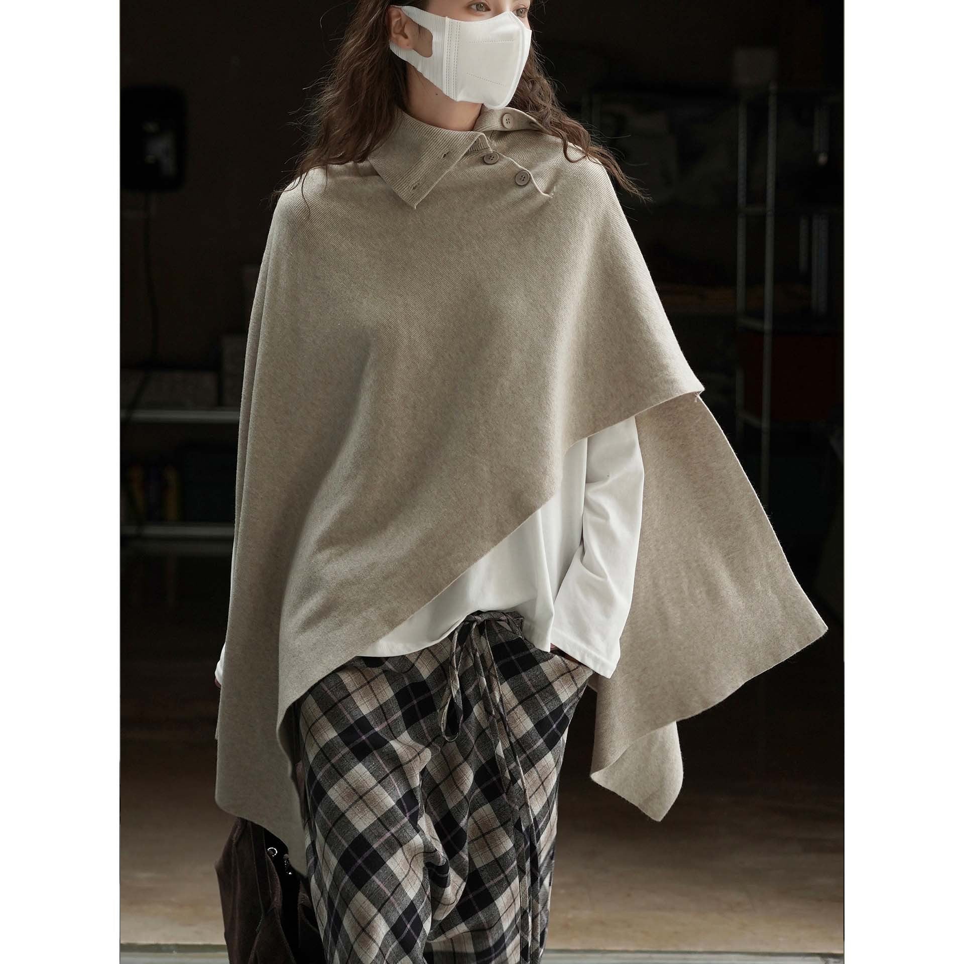 Women's Asymmetrical Knit Poncho with Button Collar and Oversized Silhouette Chichicherry