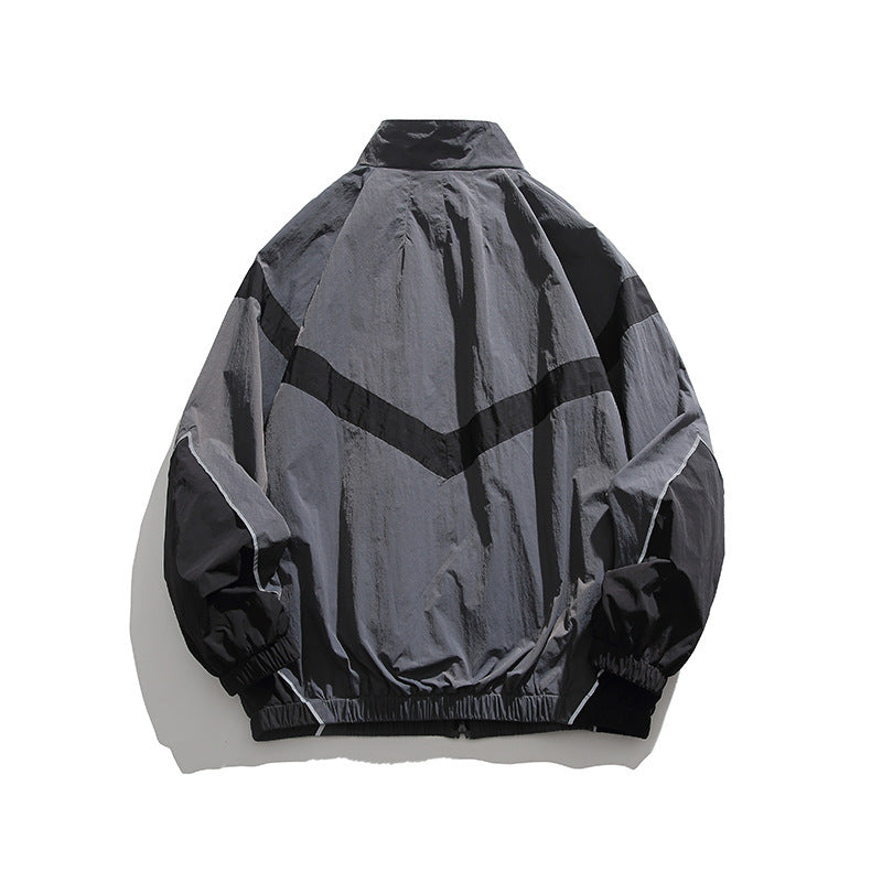 Men's Lightweight Oversize Windbreaker Jacket with Chevron Panels, Stand Collar and Elastic Hem Chichicherry