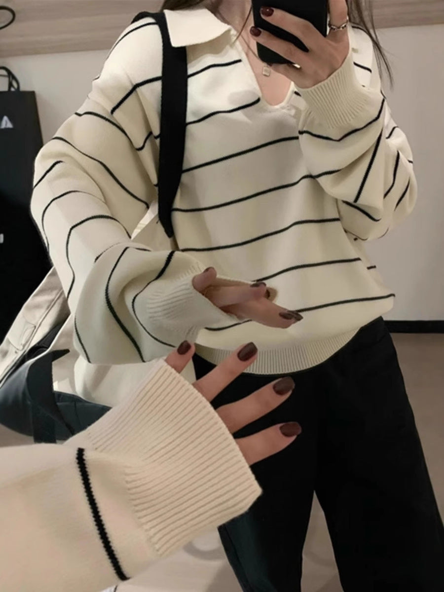 Women Casual Oversized Knit Sweater with Polo Collar and Fine Stripe Pattern Chichicherry