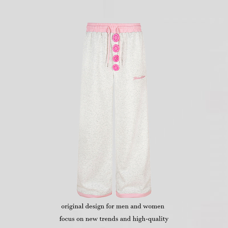 Women Wide Lounge Pants with Decorative Button Placket, High Waist and Drawstring Chichicherry