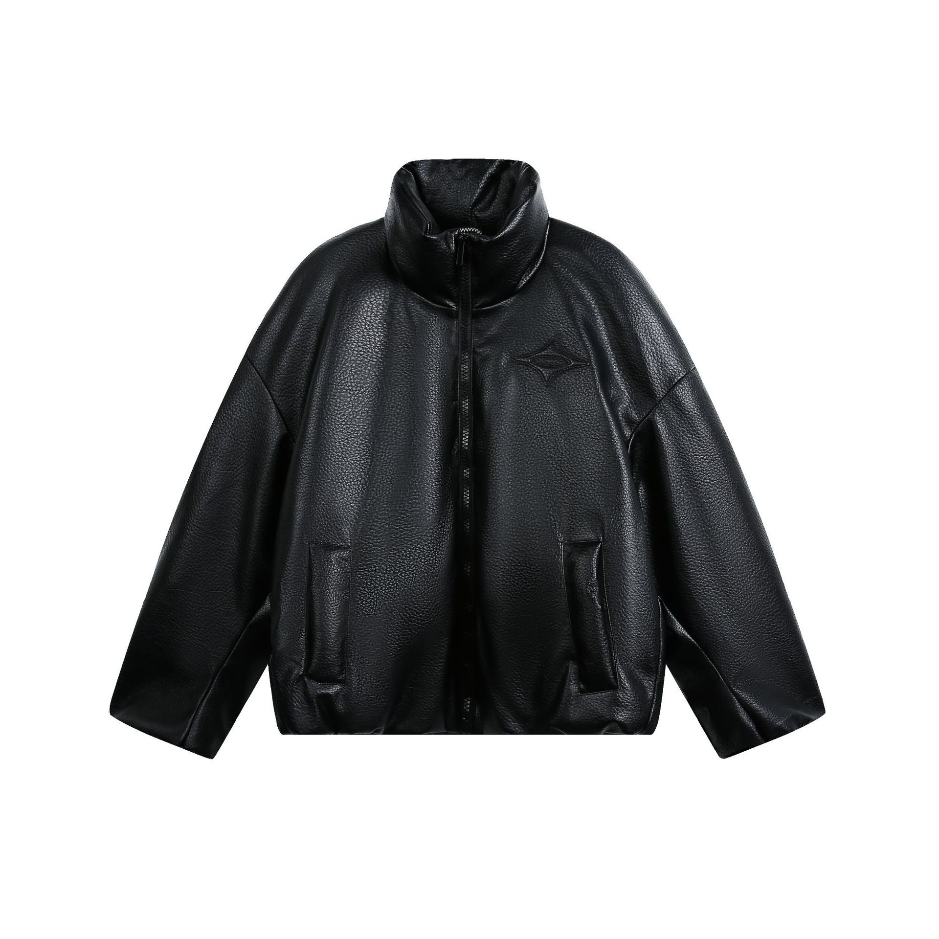 Women's Oversized Faux Leather Bomber Jacket with High Stand-Up Collar Chichicherry