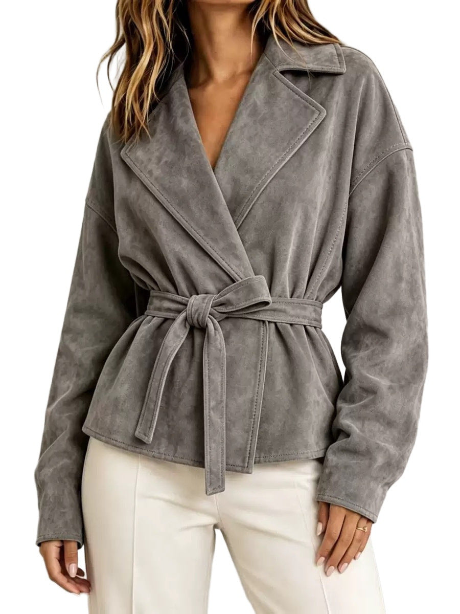 Women's Suede Blazer with Wrap Belt and Oversized Sleeves Chichicherry