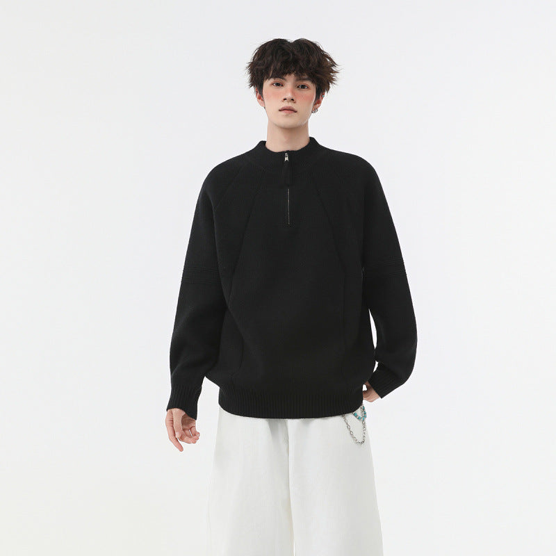 Herren Strick-Halbzip-Pullover mit Stehkragen und strukturierten Rippdetails Chichicherry