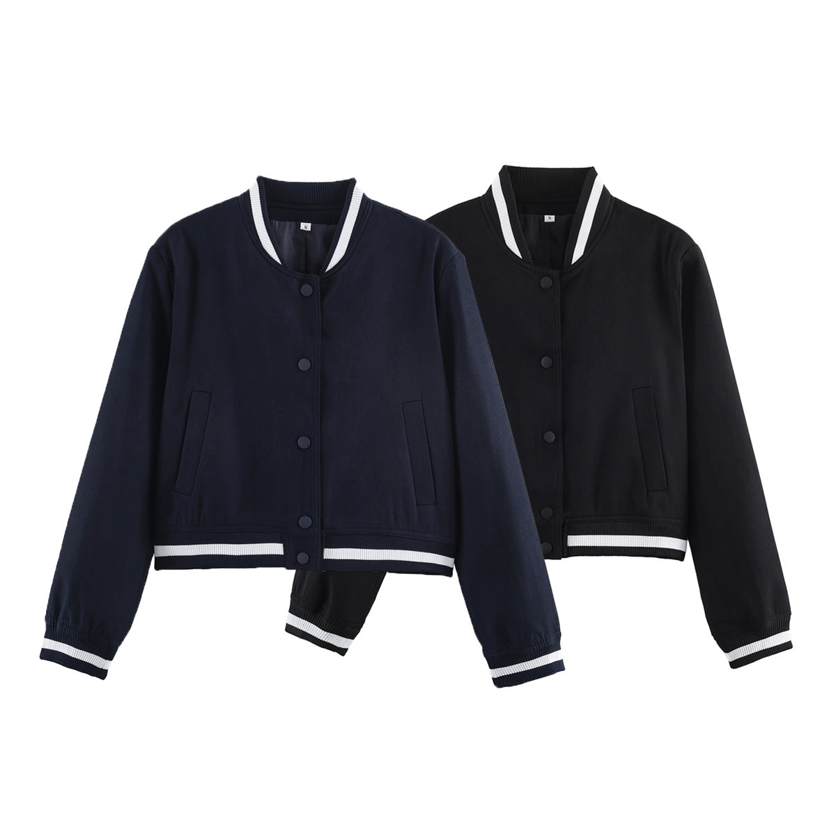 Women's short-cut college bomber jacket with ribbed striped collar and snap button placket Chichicherry