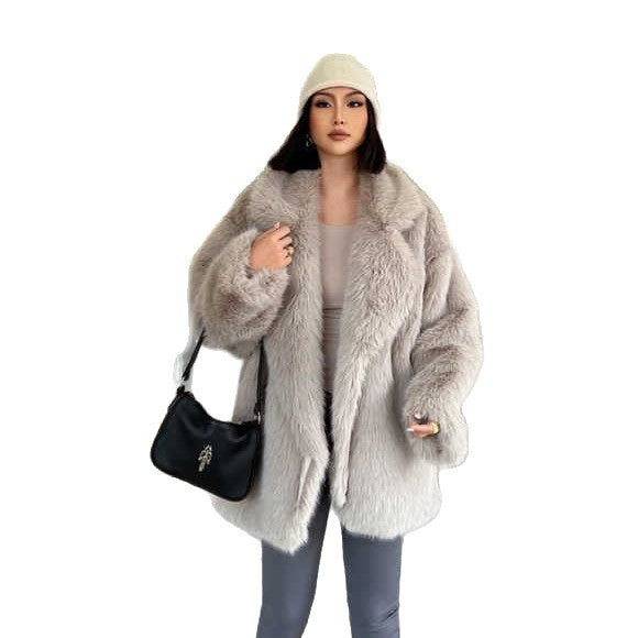 Women Short Fluffy Coat with Oversized Silhouette, Voluminous Shawl Collar and Medium Length Chichicherry