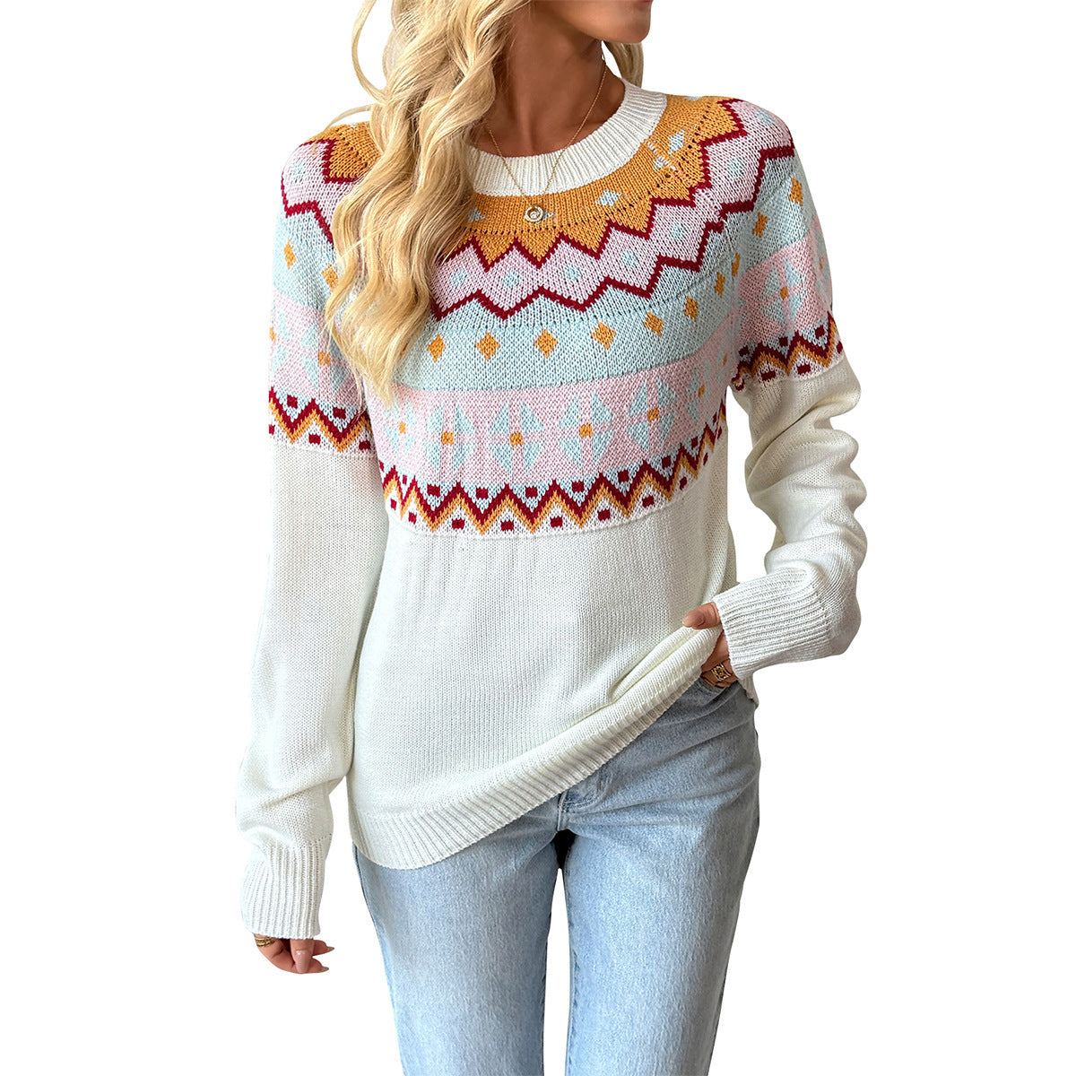 Women's Fair-Isle Knit Sweater with Round Neck, Long Sleeve & Relaxed Fit Chichicherry