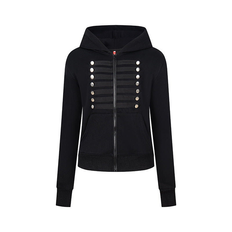 Women's hooded sweatshirt jacket with decorative military braid trim and decorative buttons Chichicherry