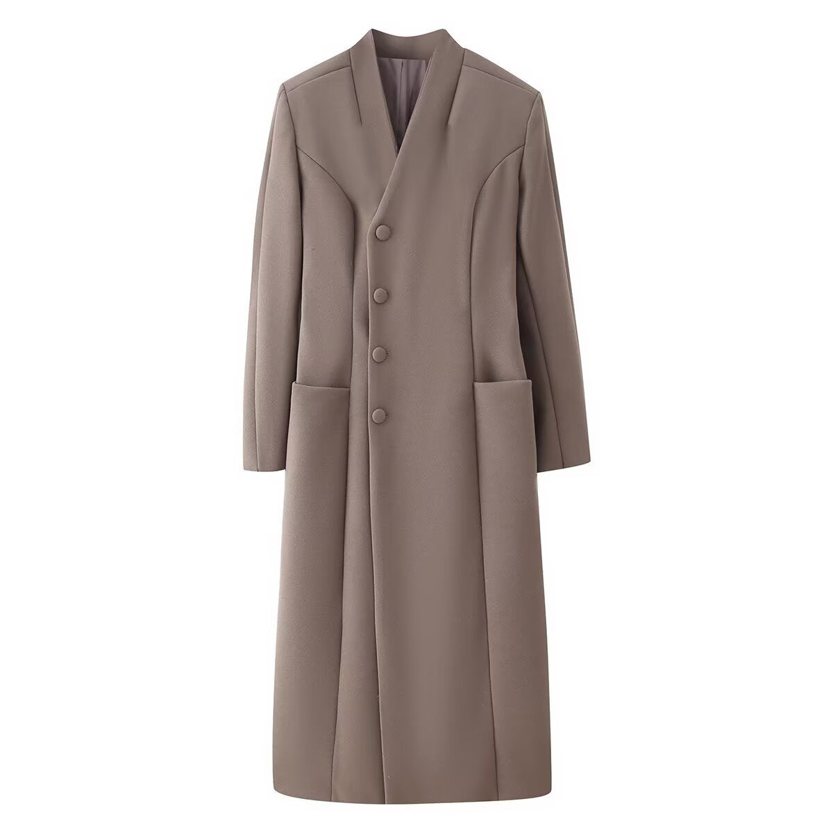 Women's Elegant Wool Look Maxi Coat with Concealed Button Placket and Patch Pockets Chichicherry