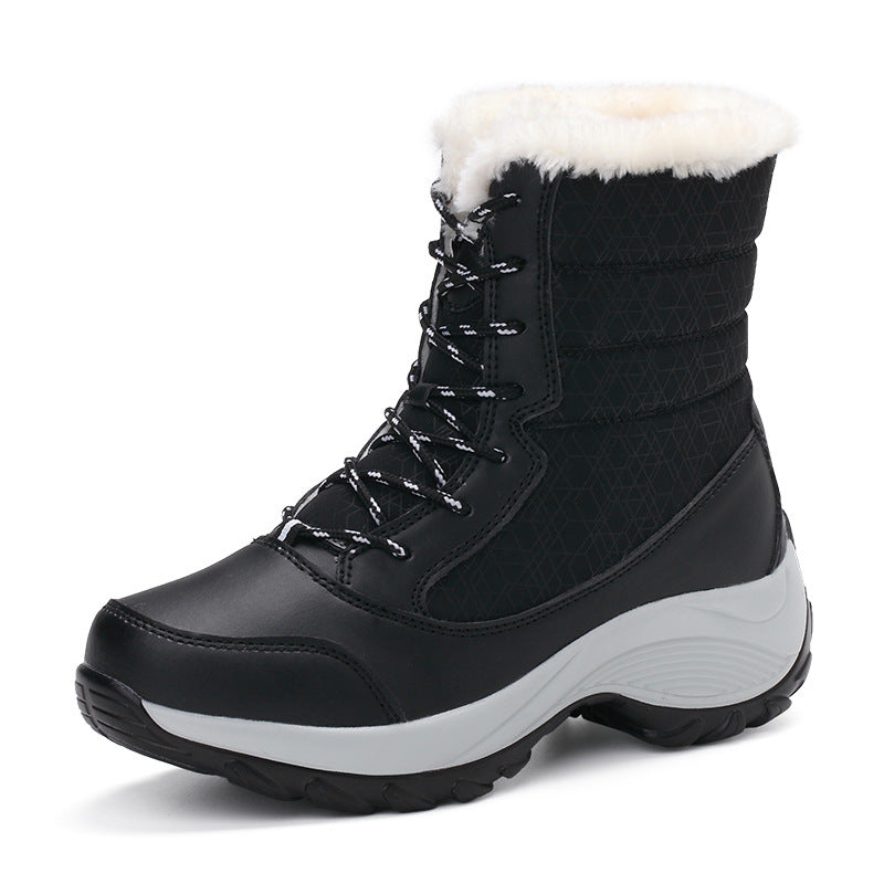 Women's water-repellent insulated winter lace-up ankle boots with faux fur collar and textured platform sole Chichicherry