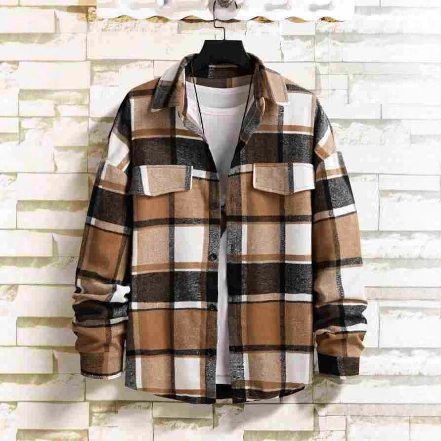 Men's Checked Flannel Shirt Jacket with Chest Pockets and Button Placket Chichicherry