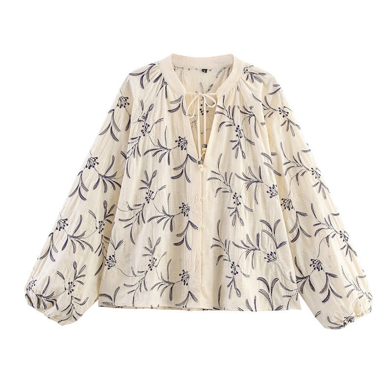 Women's Lightweight Embroidered Blouse Top with Balloon Sleeves and Tie Slit Chichicherry