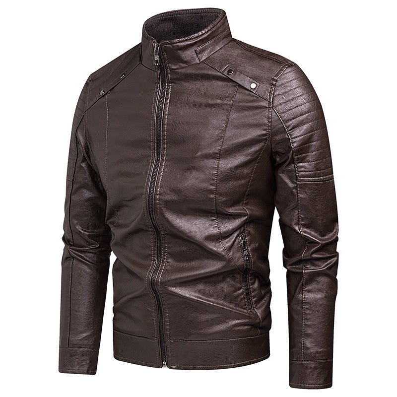 Men's Slim Faux Leather Moto Jacket with Ergonomic Seams and Stand Collar Chichicherry