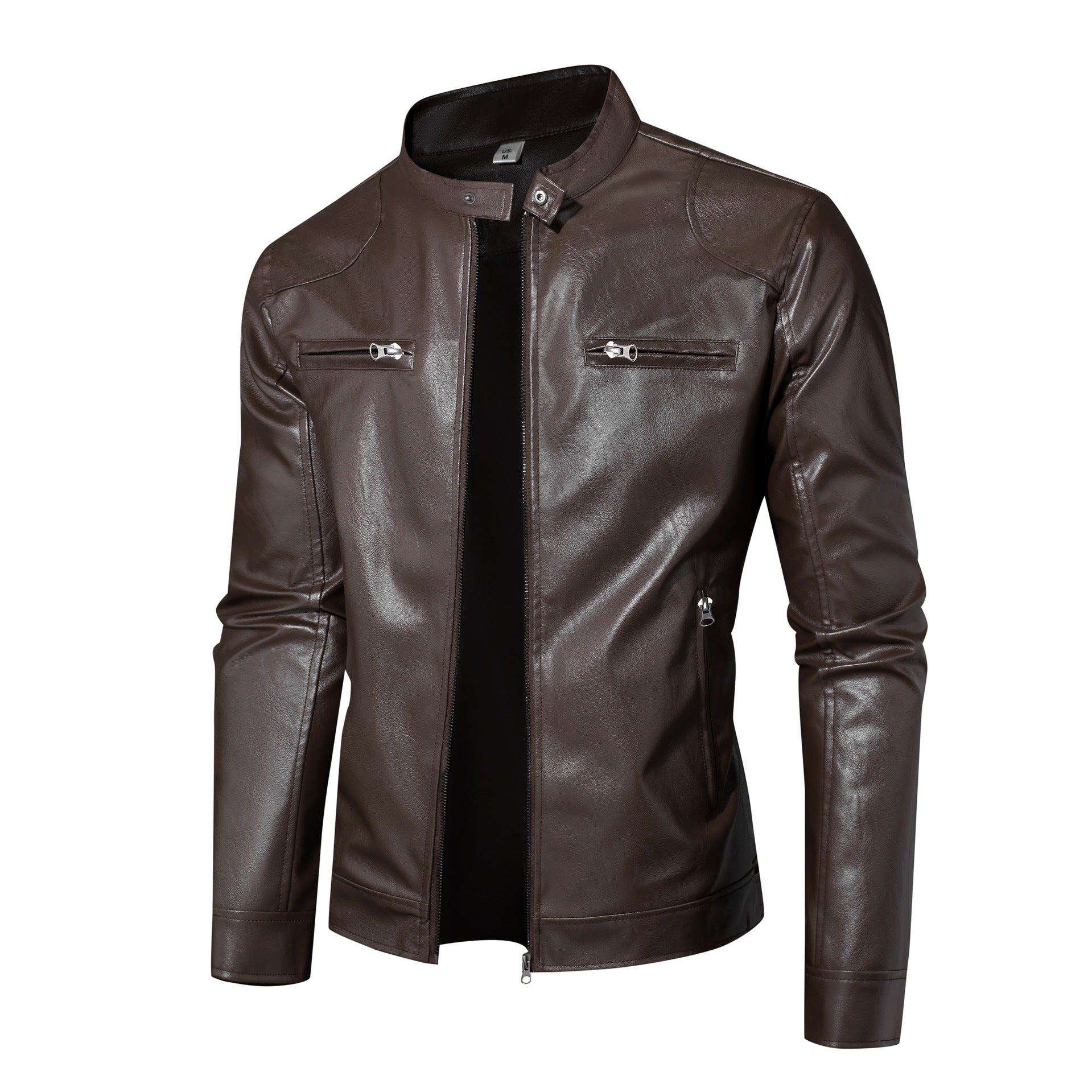 Men's leather jacket in biker style with stand-up collar and zipper pockets Chichicherry