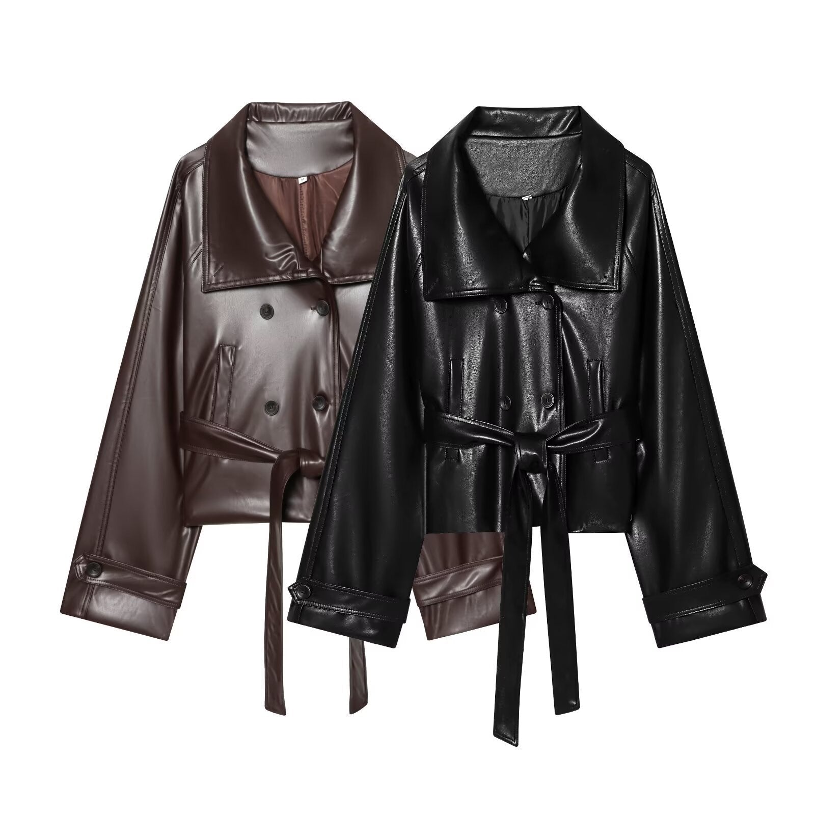 Women's Short Cut Double-Breasted Faux Leather Blouson with Waist Belt and Wide Lapel Collar Chichicherry