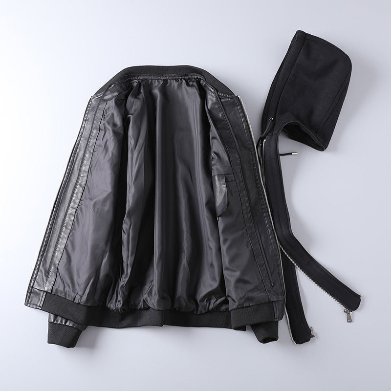 Men's faux leather bomber-style hooded jacket with full zip and ribbed cuffs Chichicherry
