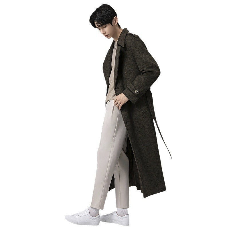 Men's maxi-length wool blend coat with tailored silhouette, shawl collar, and decorative shoulder straps Chichicherry