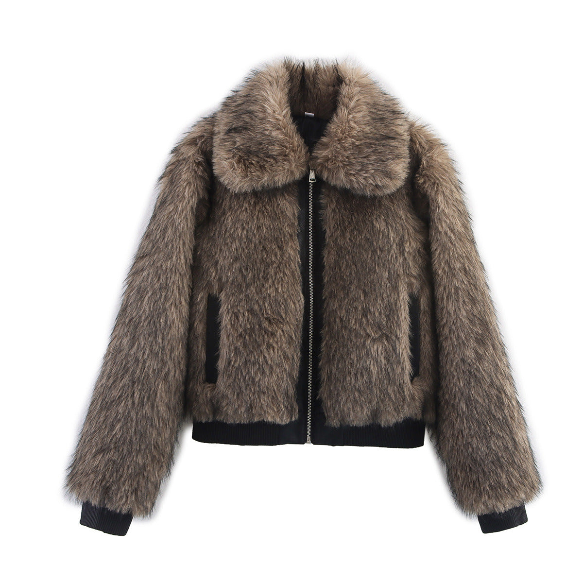 Women's short-cut faux fur bomber jacket with zipper and ribbed cuffs Chichicherry