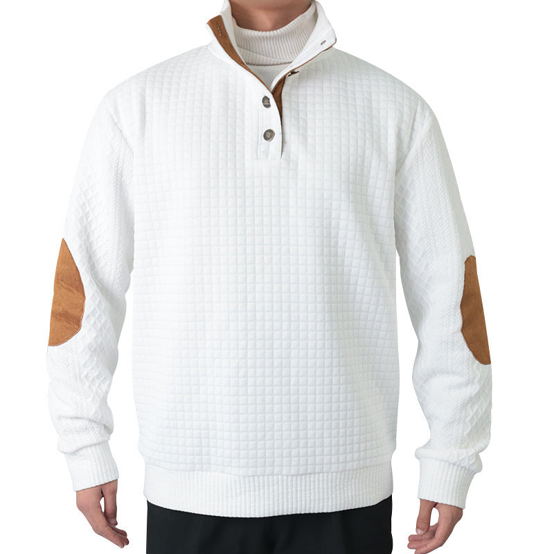 Men's waffle knit half-zip sweater with stand-up collar, leather accents, and elbow patches Chichicherry