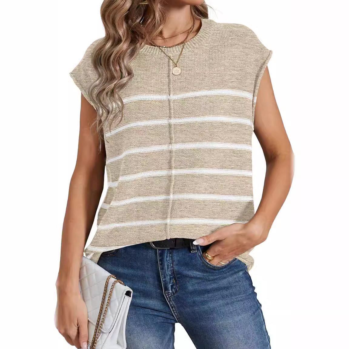Women's sleeveless striped knit top in boxy cropped style Chichicherry
