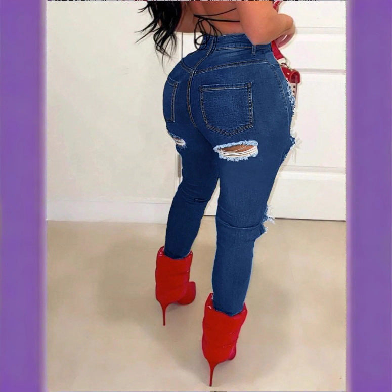 Ladies high-waisted skinny jeans with XXL knee cutouts, heavily distressed used look and sculpting cut Chichicherry
