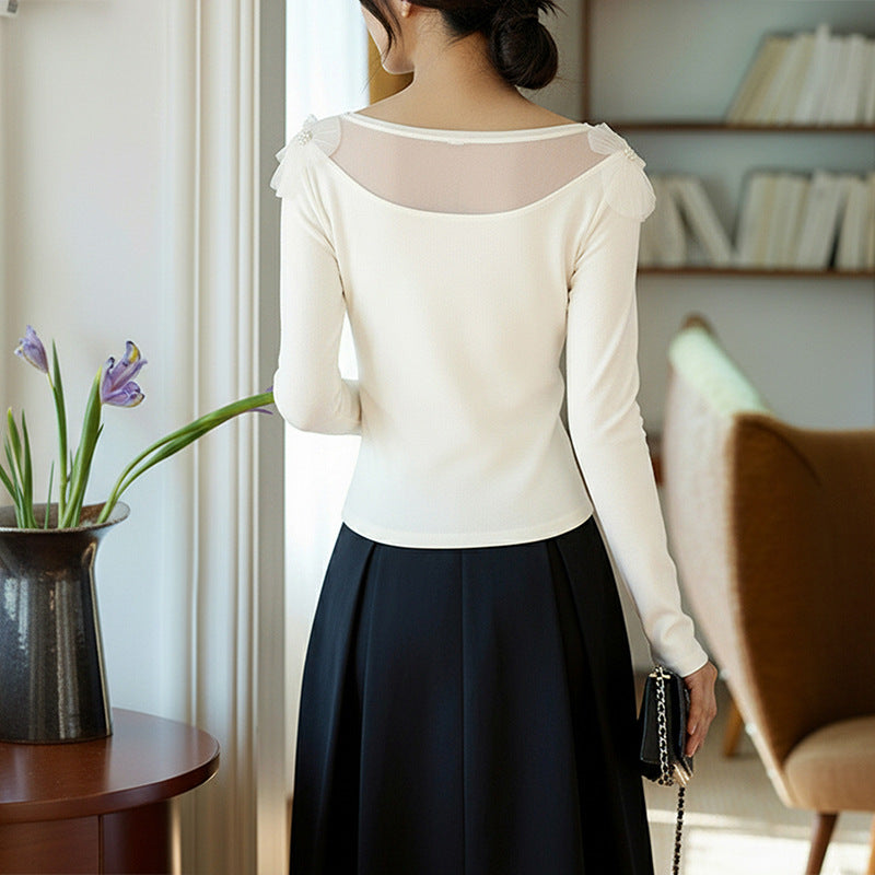 Ladies Elegant Long Sleeve Shirt with Transparent Tulle Insert and 3D Flower Appliqué Chichicherry