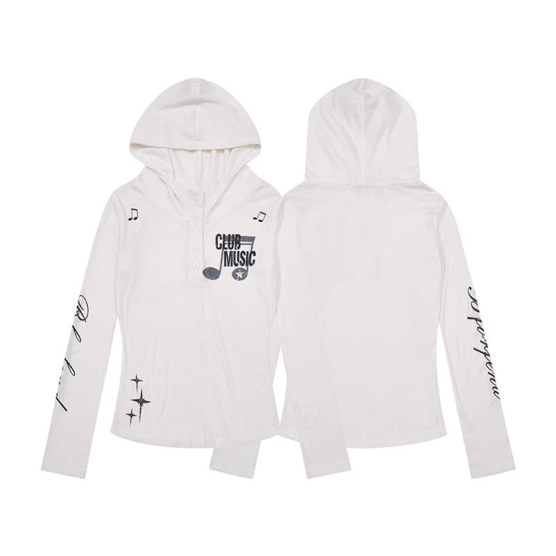 Women's Lightweight Long Sleeve Hoodie Henley Shirt with Button Placket, Hood and Music Print Chichicherry