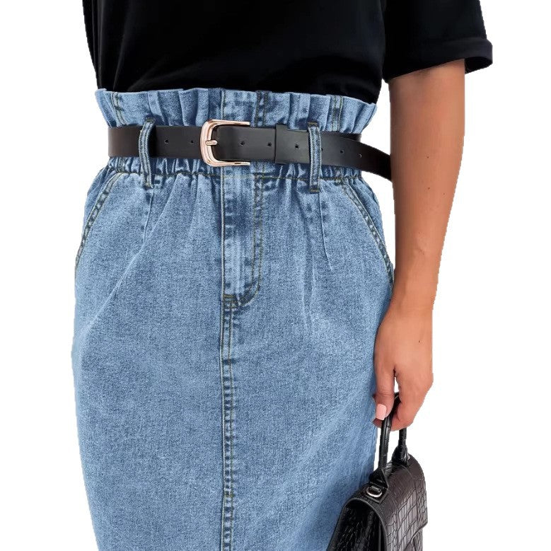 Women's High-Waisted Paperbag Denim Midi Skirt with Front Slit and Tied Belt Chichicherry