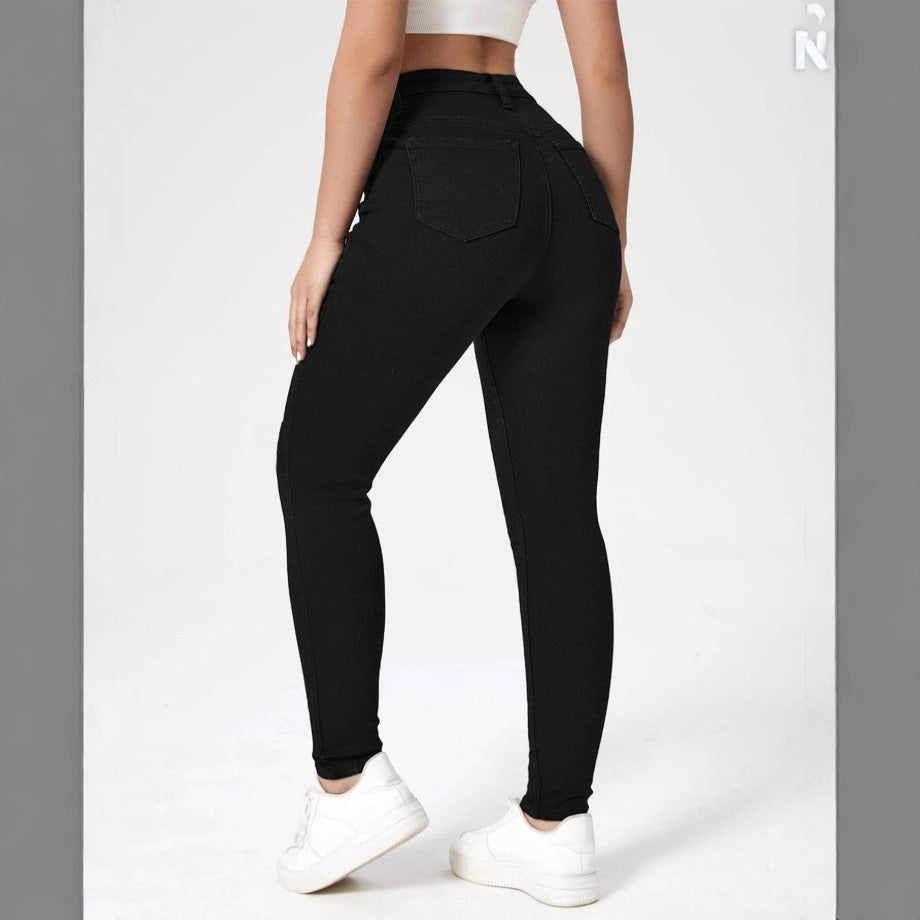 Women High-Waisted Ripped Skinny Jeans with Pearl Decoration and Sculpting Effect Chichicherry