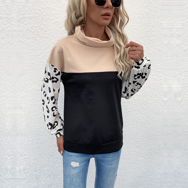 Women's colorblock sweatshirt with rollover collar and animal print sleeves Chichicherry