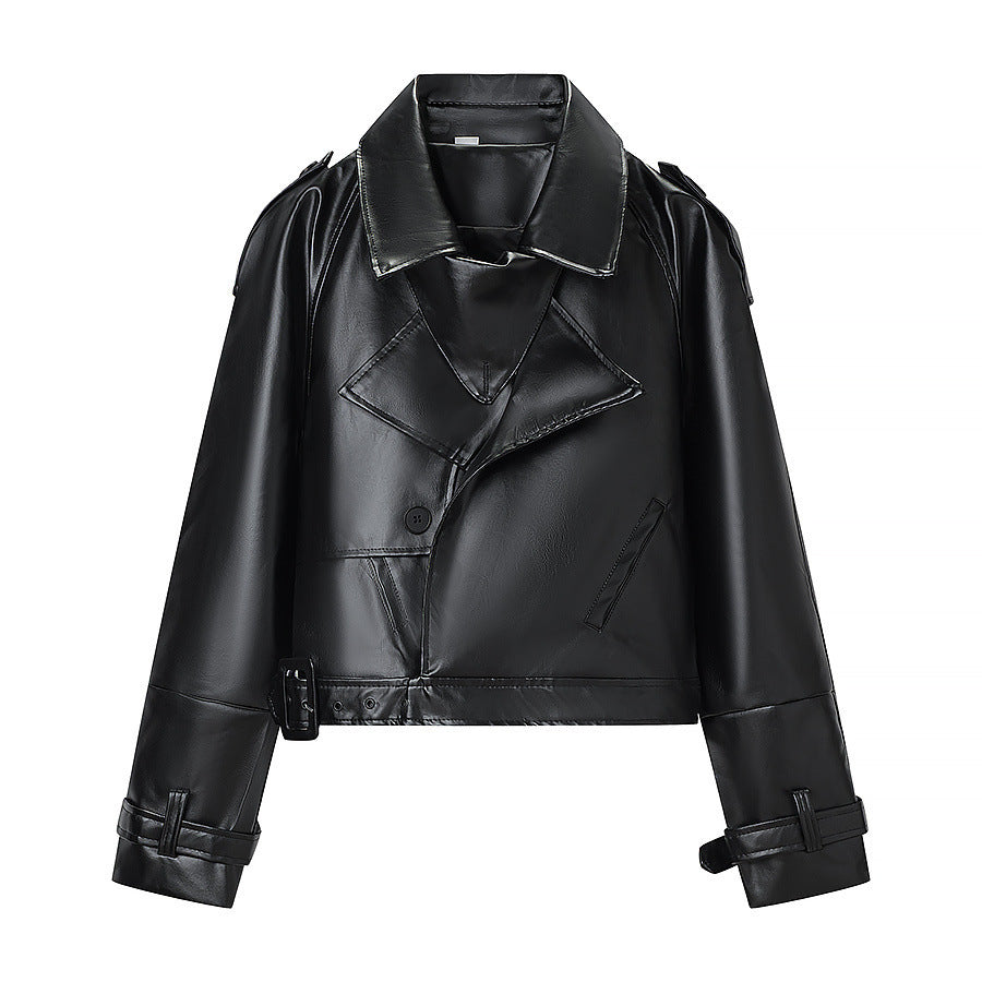 Women short cut biker jacket in leather look with asymmetrical lapel and waist belt Chichicherry