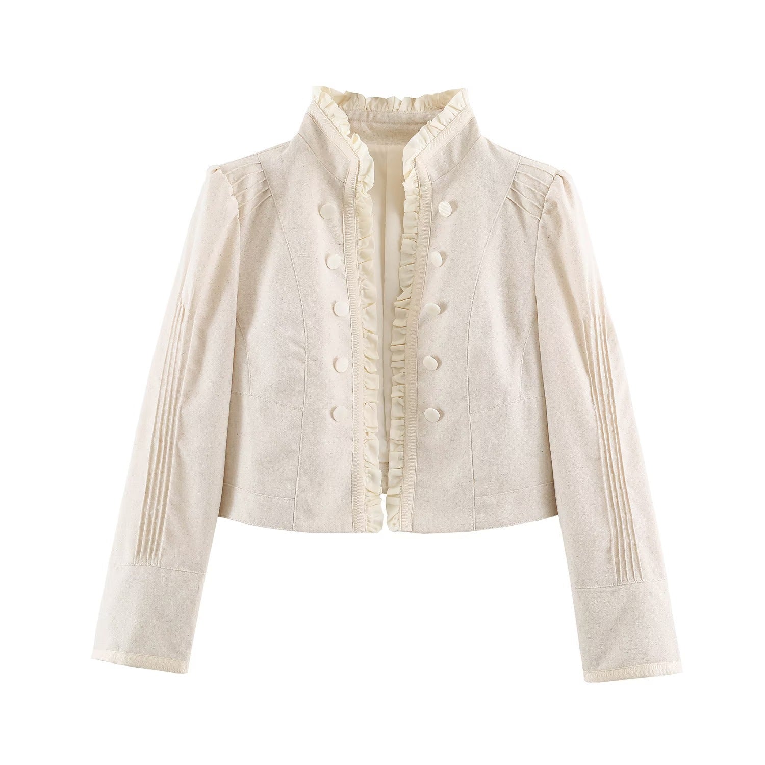 Women tailored short jacket with ruffled collar and decorative button placket Chichicherry