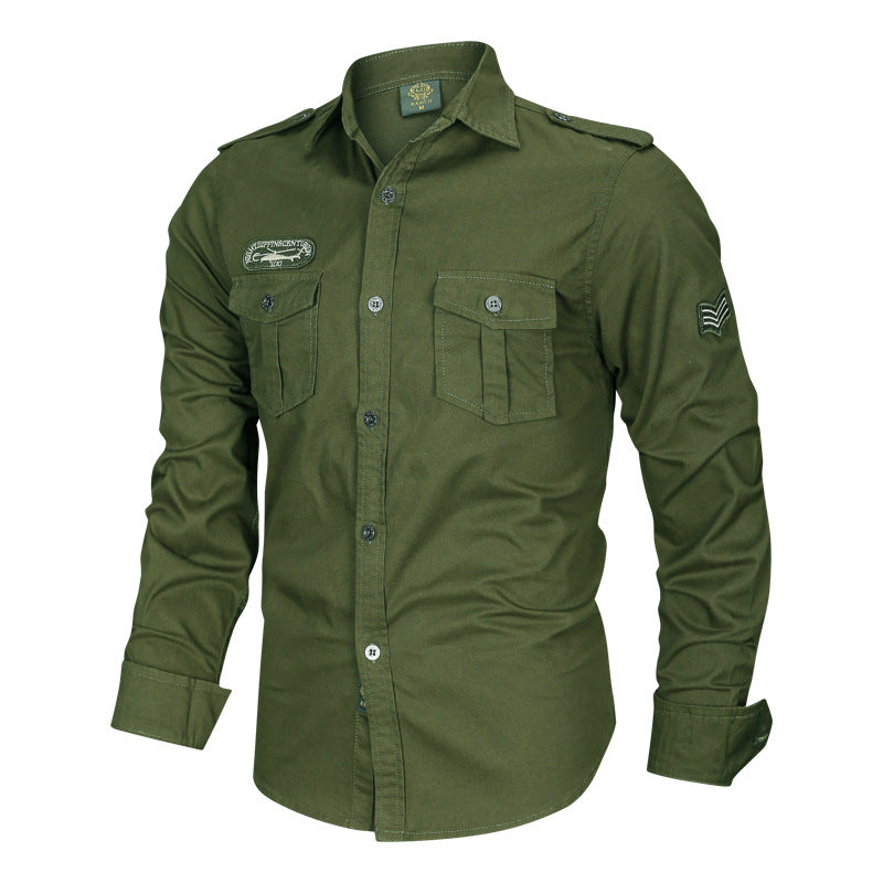Men's military cotton shirt with epaulettes, flap pockets, and embroidered patches Chichicherry