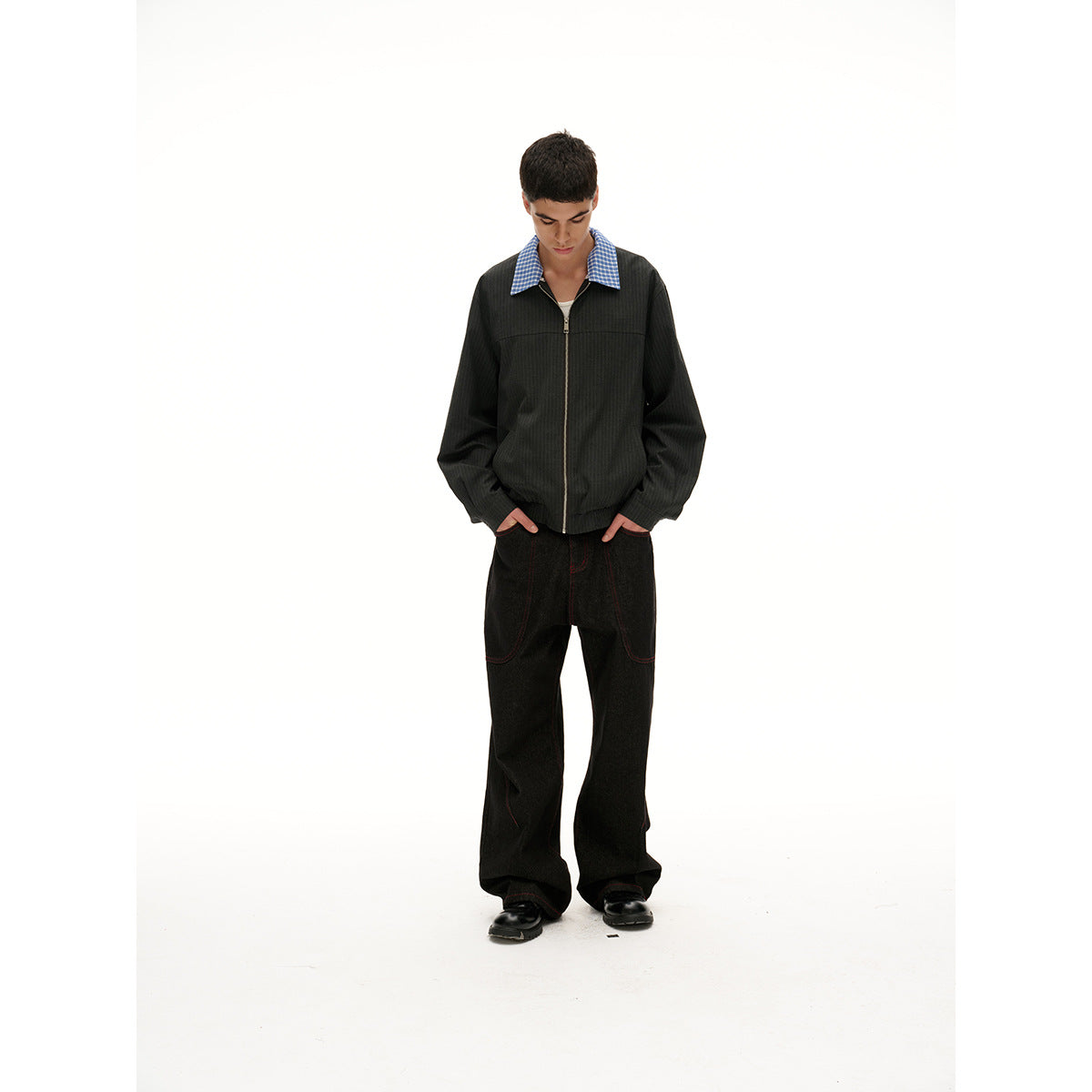 Unisex Short Cut Pinstripe Blouson Jacket with Contrasting Shirt Collar and Full Zipper Chichicherry