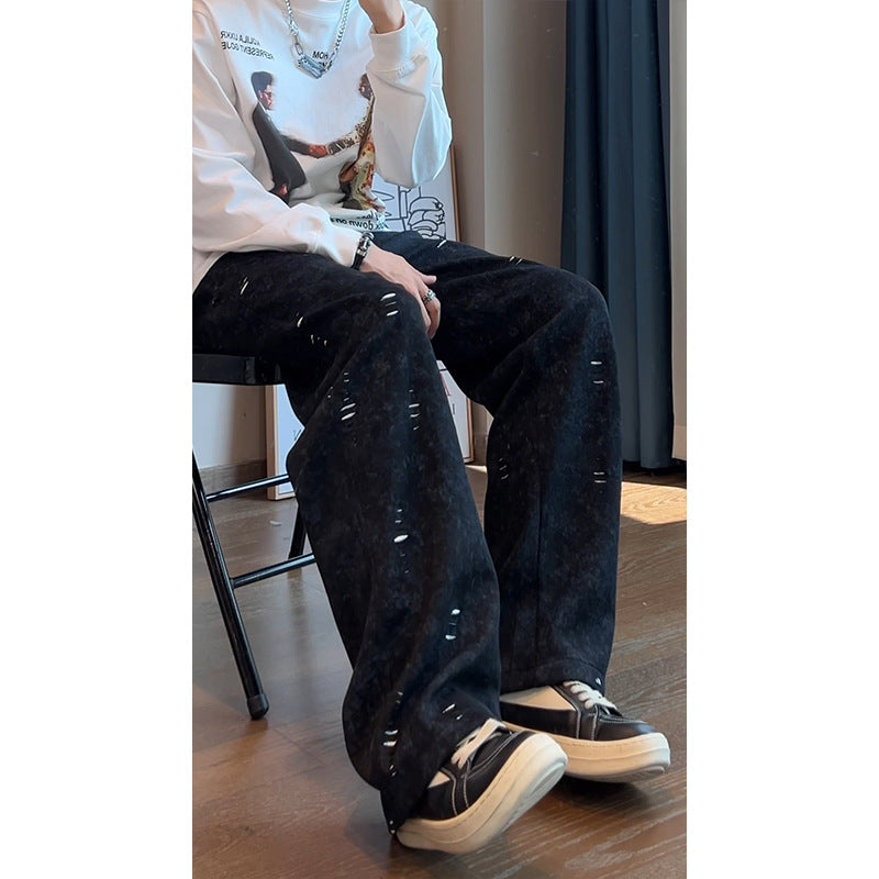Men's Oversized Cord Pants with Distressed Details, Wide Leg and Drawstring Chichicherry
