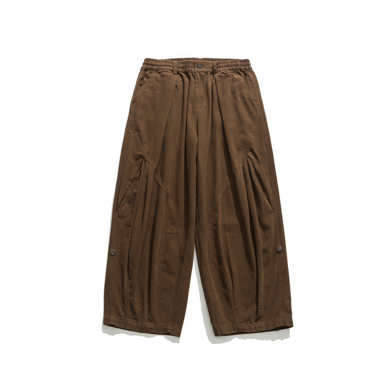 Unisex Wide Pleated Culotte Pants with Elastic Waistband, Deep Side Pockets and Casual 3/4 Length Chichicherry