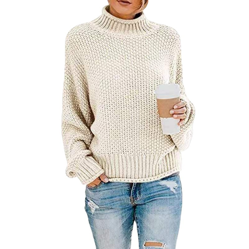 Women Chunky Knit Boxy Turtleneck Sweater with Textured Waffle Look and Ribbed Hem Chichicherry