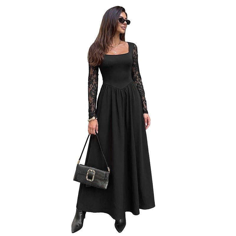 Women Figure-flattering Midi Dress with Lace Sleeves and Square Neckline Chichicherry