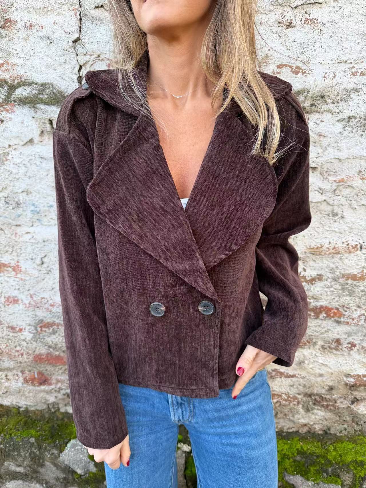 Women's corduroy short blazer with wide shawl collar and double button closure Chichicherry