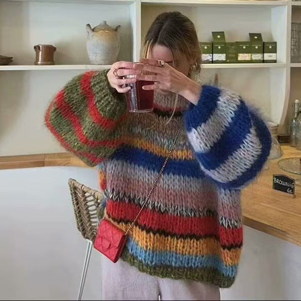 Women's Oversize Knit Sweater made of Mohair Mix with Voluminous Balloon Sleeves and Block Stripes Chichicherry